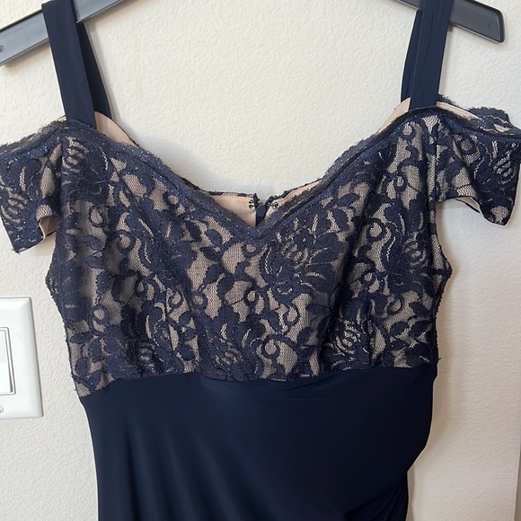 R & M Richards Navy blue floor length off the shoulder gown. - Picture 4 of 5